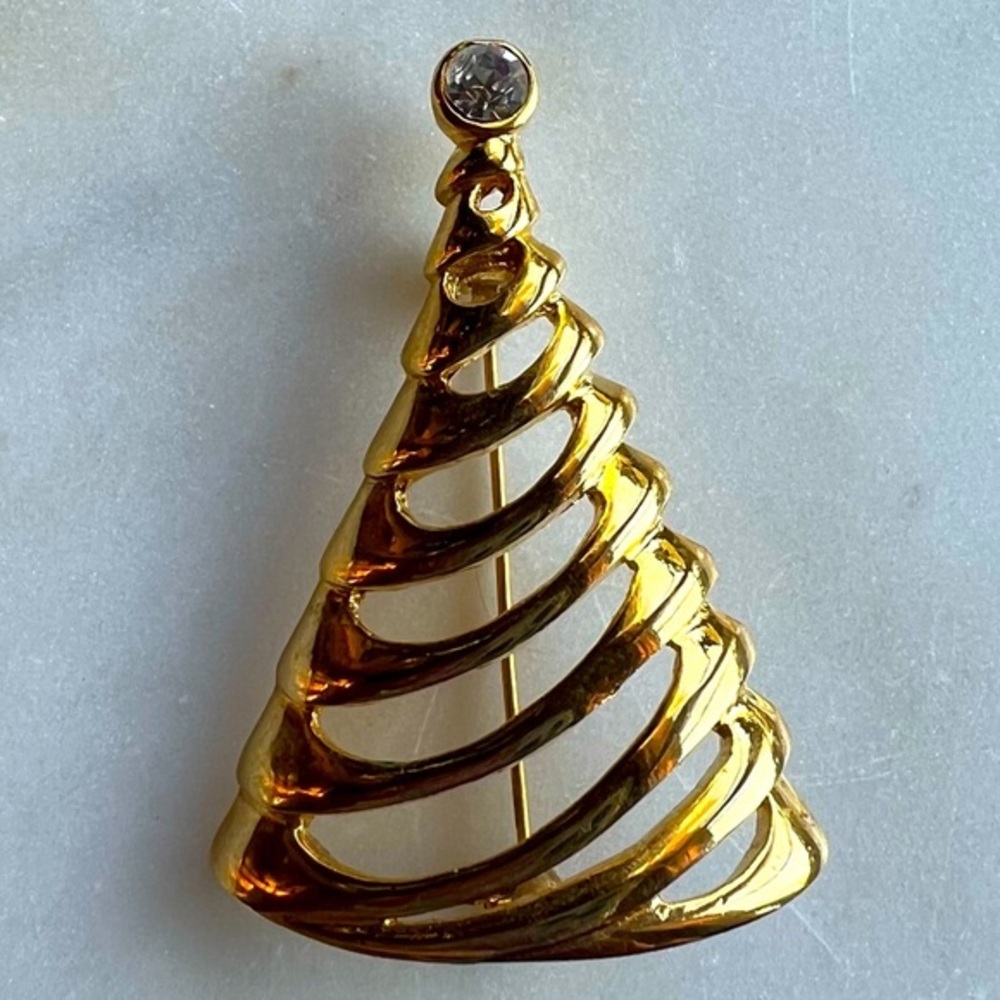 Vintage Danecraft Gold Christmas Tree‎ Pin withClear Rhinestone Star Tree Topper